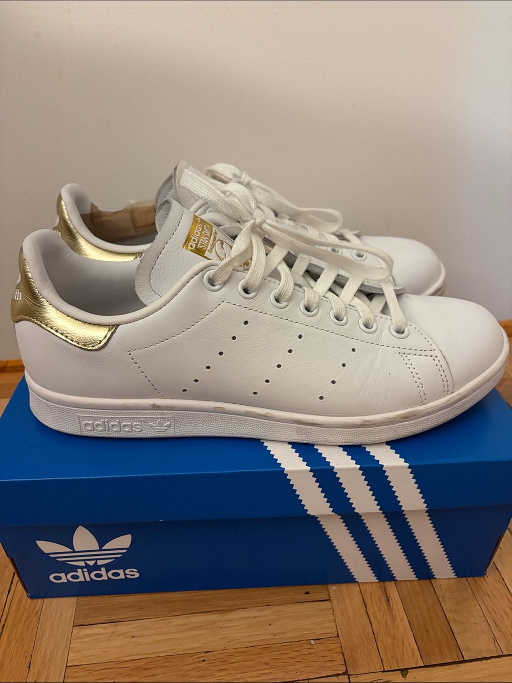 adidas White Leather Sneakers with Gold Heel Tab
